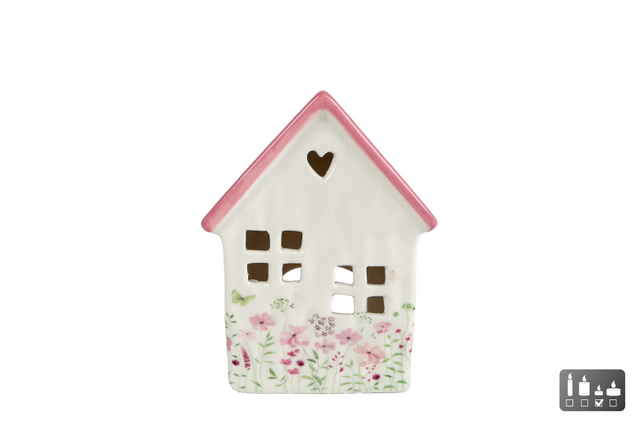 Theelichth house floral s roze aardew 11x7x16cm