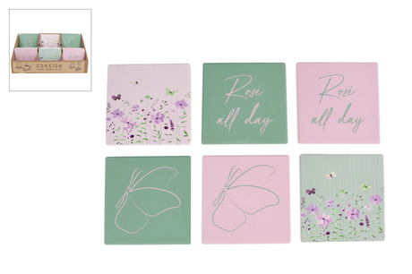 Onderzetter floral aardewerk roze groen 10x10x0,7cm assorti
