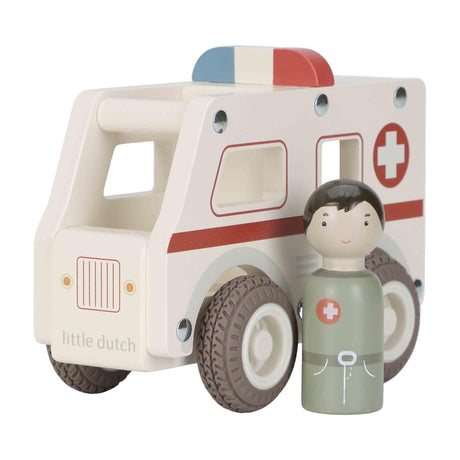 Little dutch houten ambulance speelgoedauto met houten figuur.