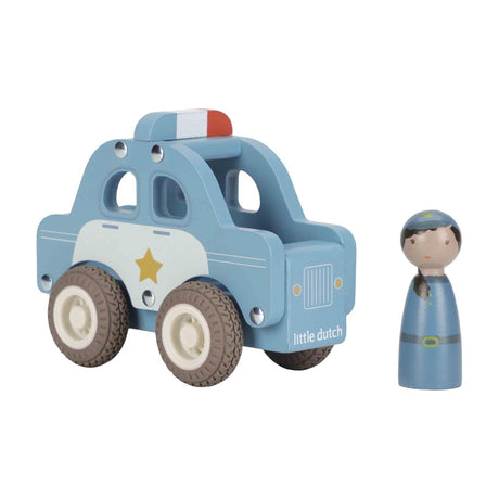 Little dutch houten politiewagen speelgoedauto blauw met poppetje.