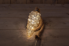 Denneappel glas goud 20cm aan 60cm touw 15 leds warmwit