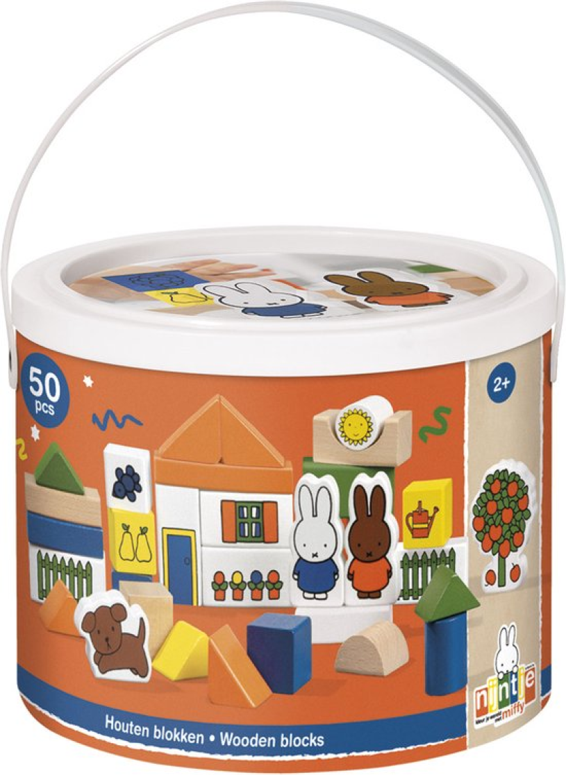 Bambolino nijntje houten blokkenton - 50 blokken - met deksel en handvat - peuter en kleuter speelgoed - voor meisjes en jongens - vanaf 2 jaar - speelgoed kinderen - toys