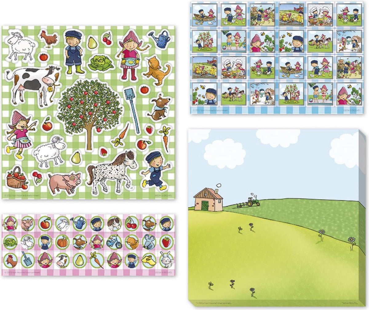 Fien teun stickers - 3 stickervellen met speelachtergrond - creatief speelgoed - boerderij - bambolino toys - vanaf 3 jaar