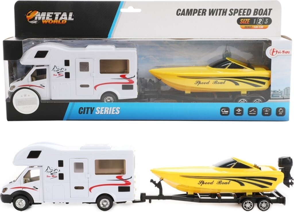 Toi-Toys Camper mit Speedboat zurückziehen 1:48