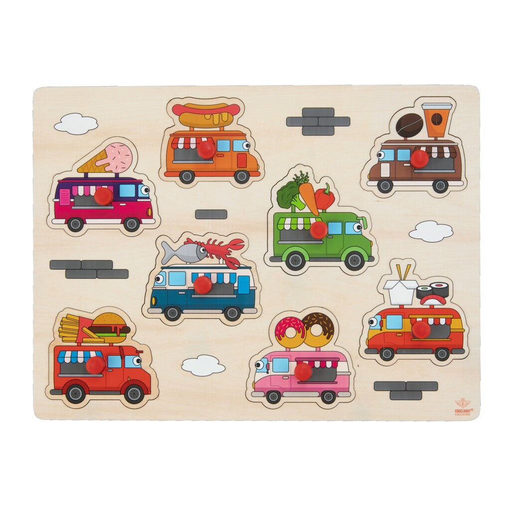 Drewniane przyciski Engelhart Puzzle Food Trucks 8 sztuk