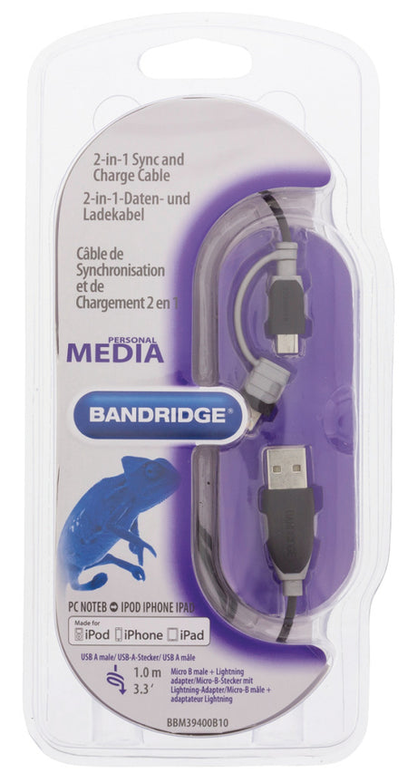 Bandridge bbm39400b10 2-in-1 data en oplaadkabel usb micro-b male + lightningadapter - a male 1.00 m zwart