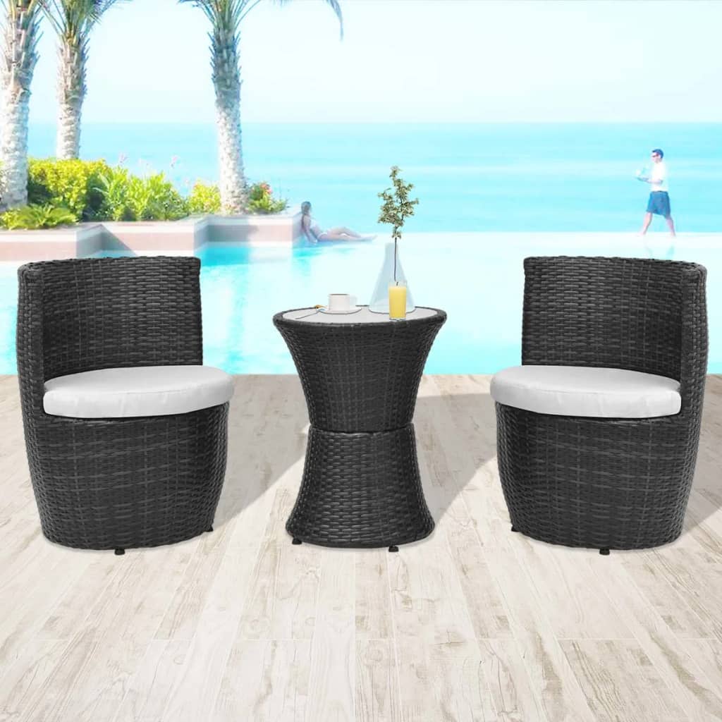 Vidaxl 3-delige bistroset met kussens poly rattan zwart