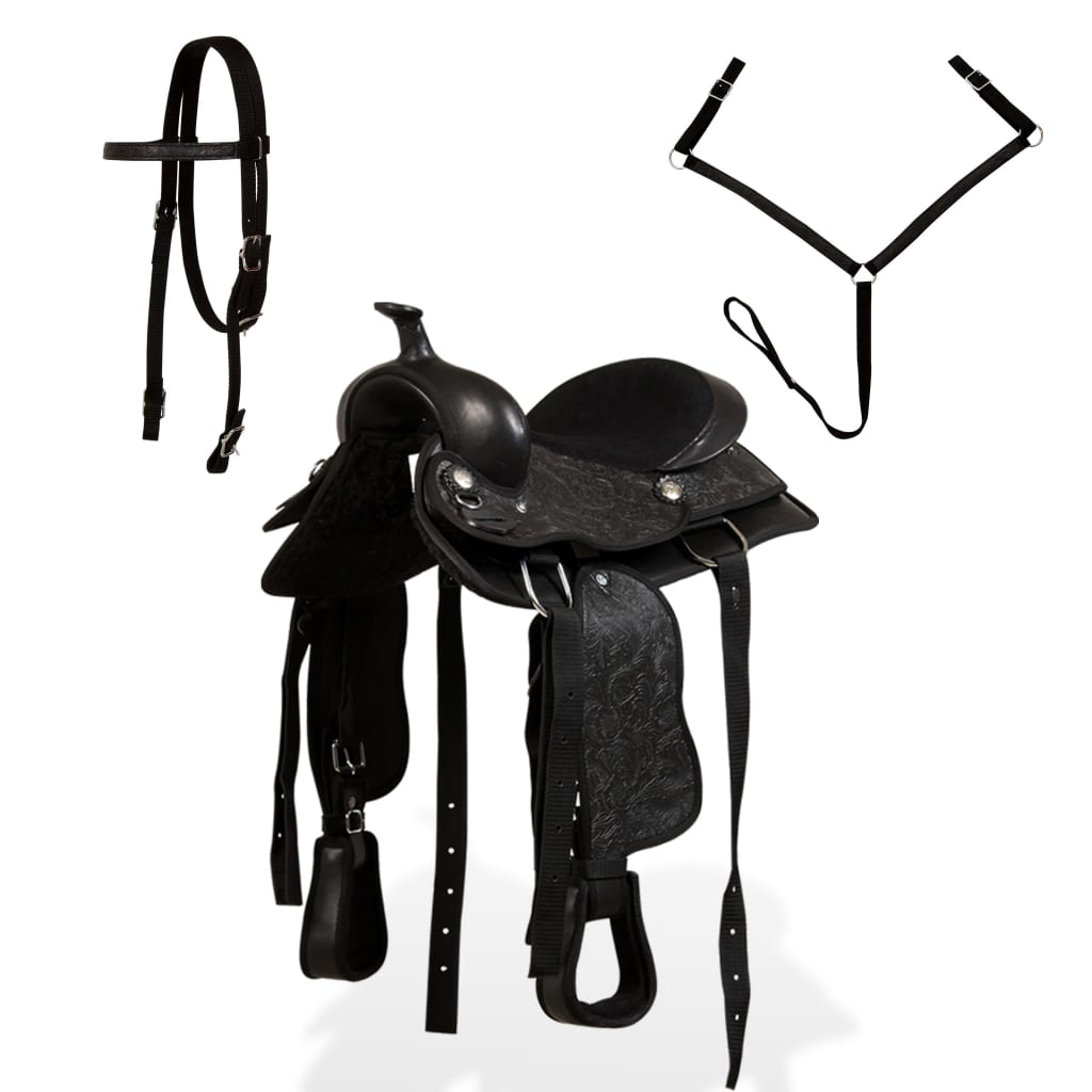 Vidaxl Western Saddle, Bridle et Bright Blast 12 Real Leather Black