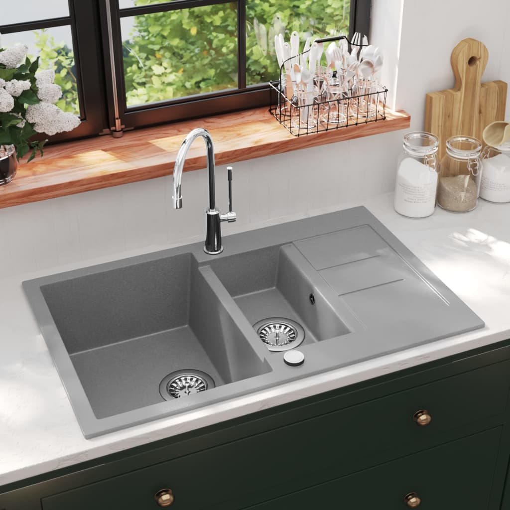 Vidaxl Sink Double Bowl Granite Gray