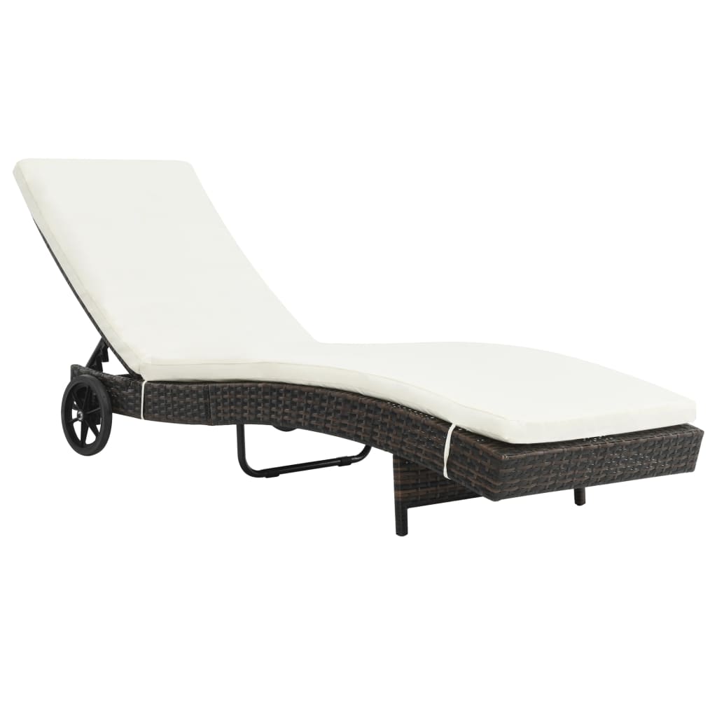 Vidaxl ligbed met wielen en kussen poly rattan bruin