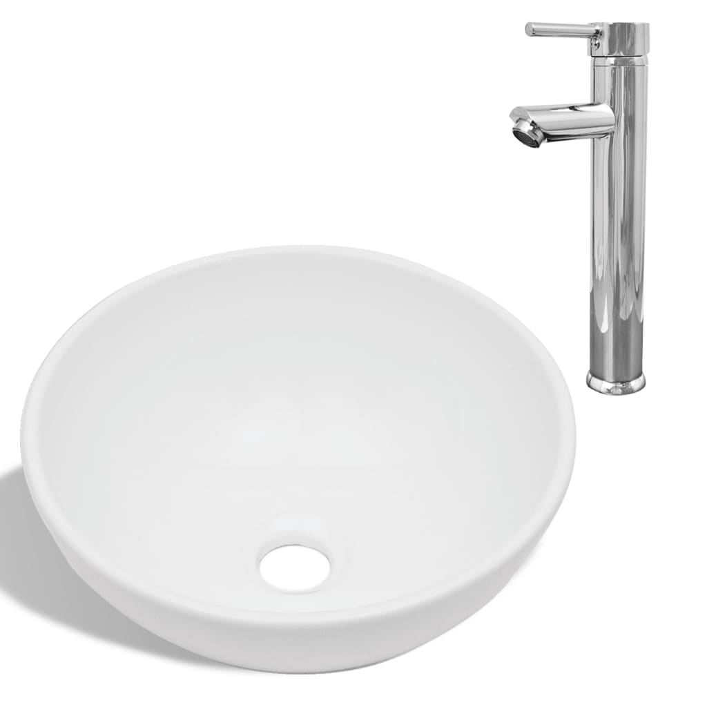 Vidaxl Buedzëmmer Washbasin mat Mixen Tap Ronn Keramik wäiss