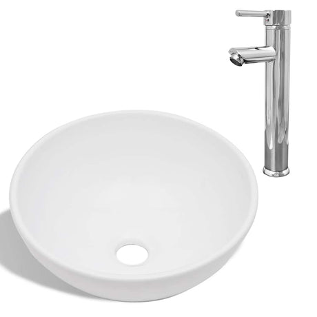 Vidaxl badkamerwastafel met mengkraan rond keramiek wit