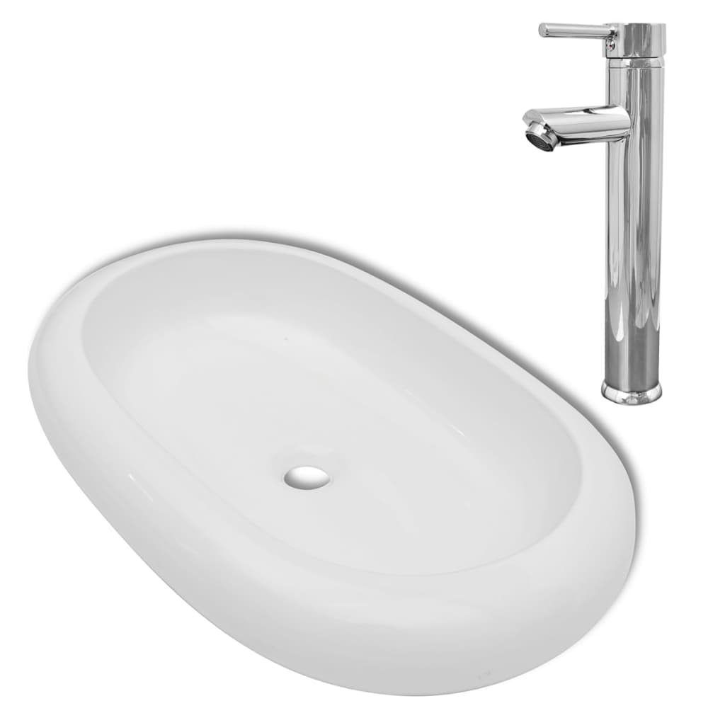 Washbasin de baño Vidaxl con toque de mezcla ovalada de cerámica blanca