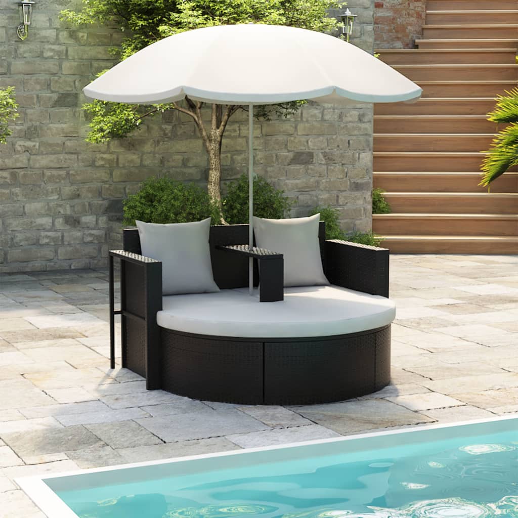 Vidaxl tuinbed met parasol poly rattan zwart