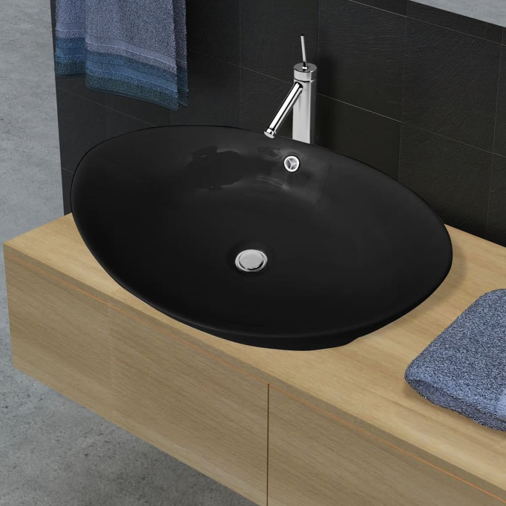 Vidaxl Washbasin con cerámica ovalada negra de aterrizaje 59 x 38.5 cm