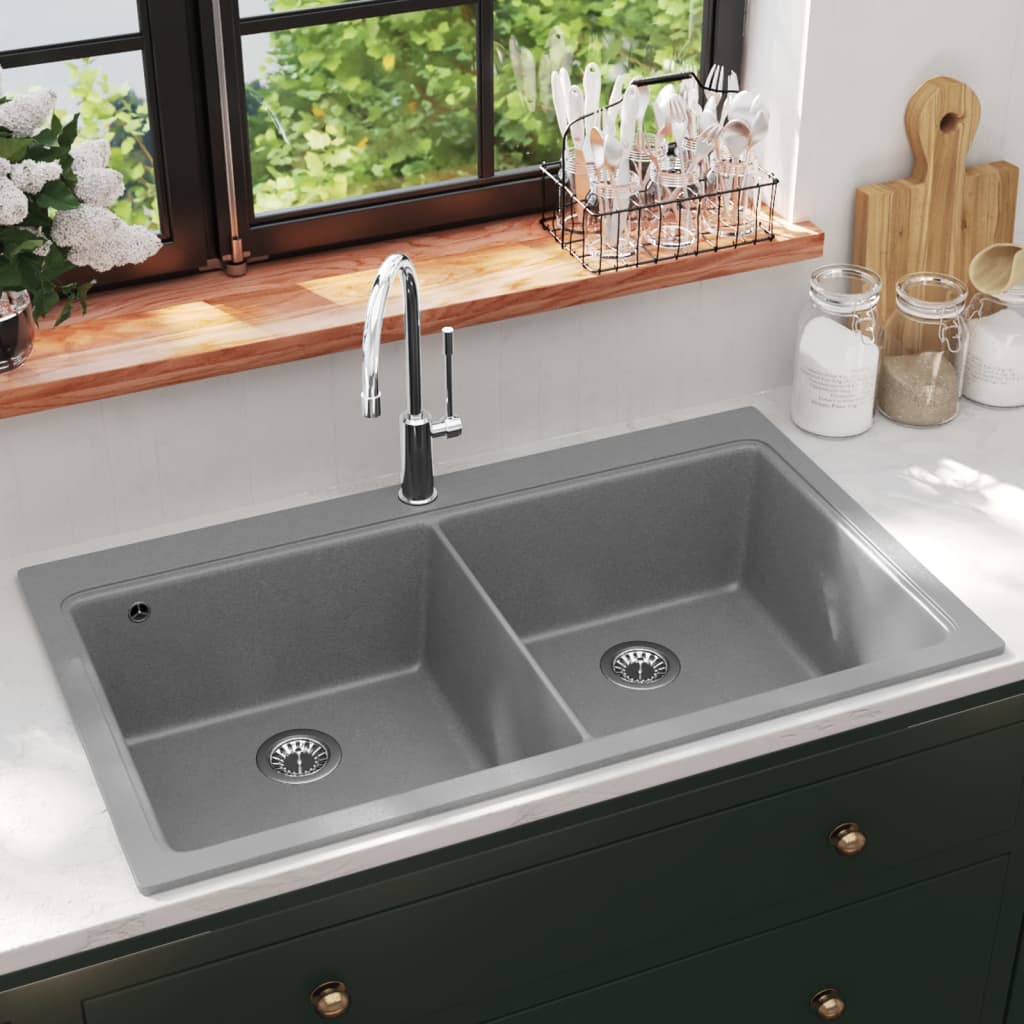 Vidaxl Sink Struktur Granit Doppelschale grau