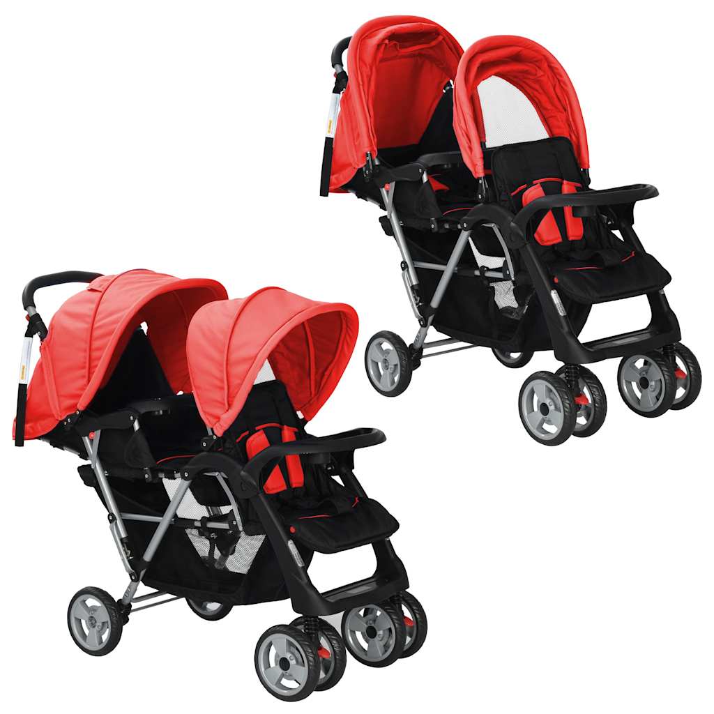 VidaXL pram double steel red and black