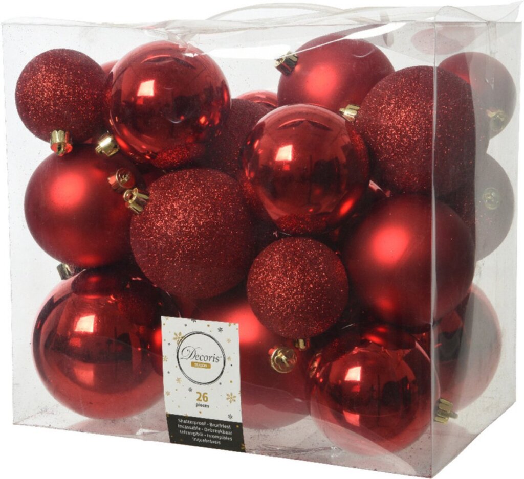 Décoris décoris balles de Noël en plastique 6-8-10 cm rouge 26 pièces