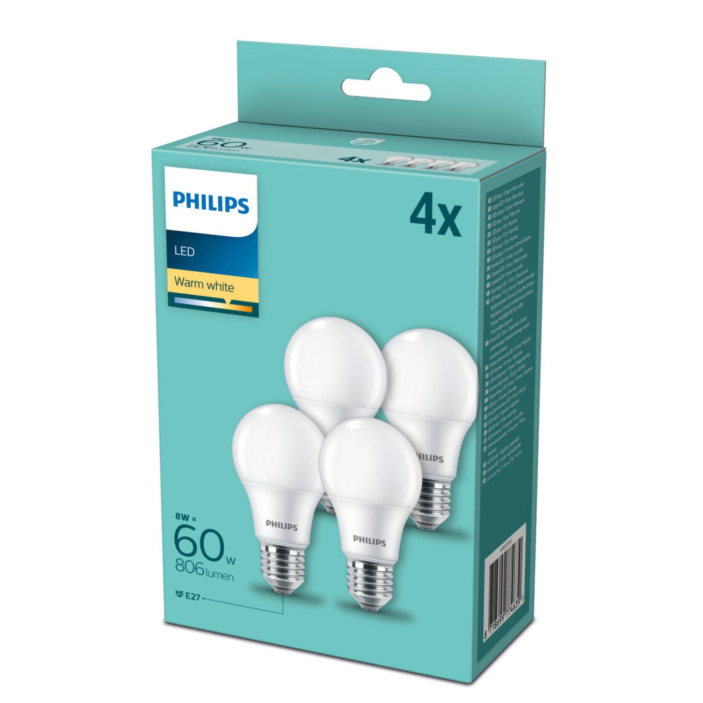 Lámpara LED de Philips 60W E27 White White 4 piezas