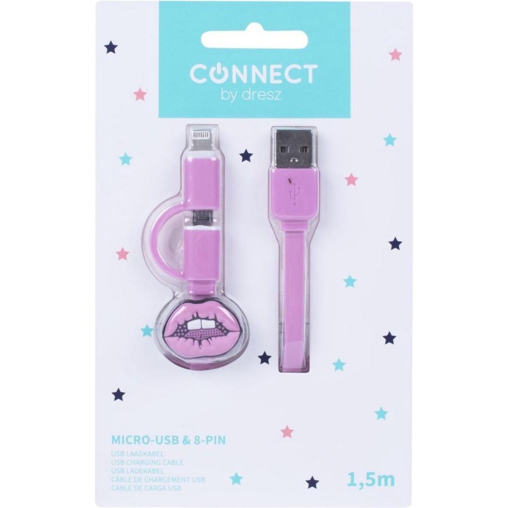 Kangaro kangaro k-58191006 dresz 2in1 micro-usb laadkabel + pin lippen roze