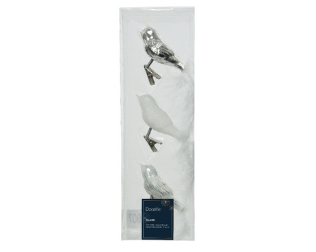 Kerstbal glas vogel op clip 3 stuks - zilver