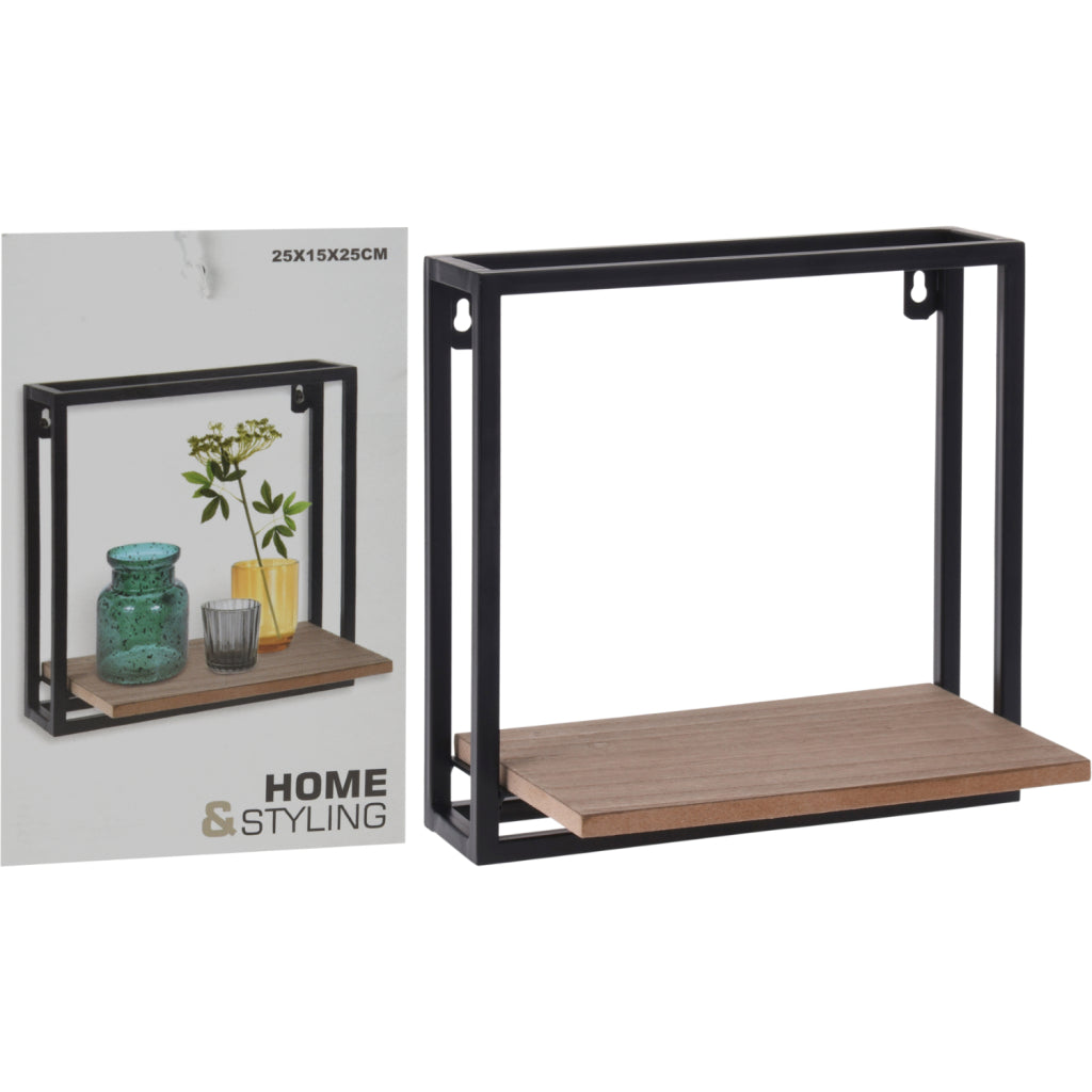 Basic home styling metal suspension rack with wooden board 25x15x25 cm black brown