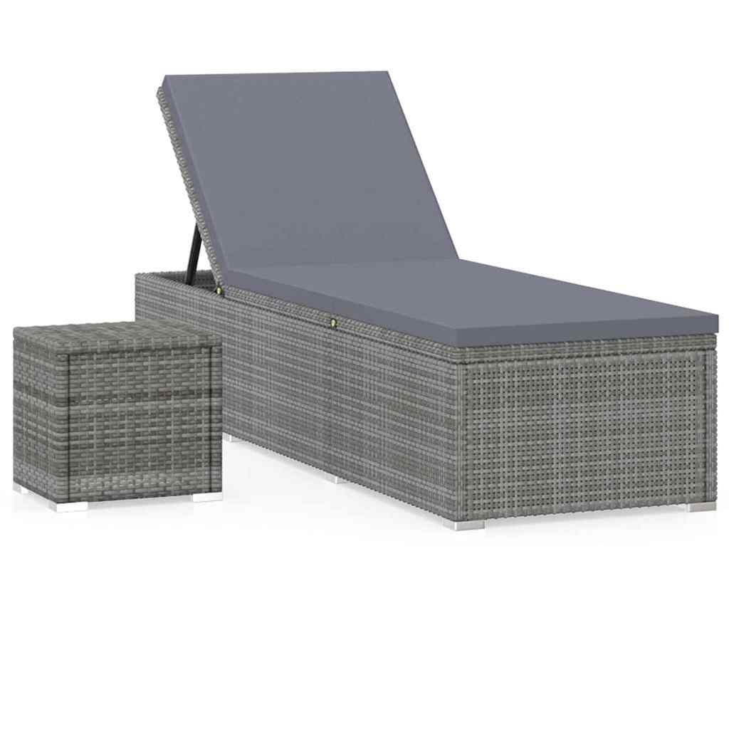 Vidaxl ligbed met kussen en theetafel poly rattan grijs