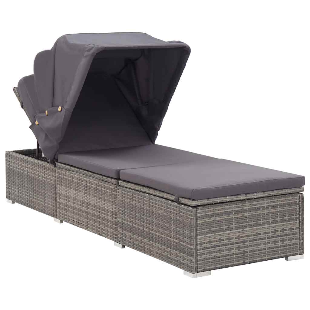 Vidaxl ligbed met luifel en kussen poly rattan grijs