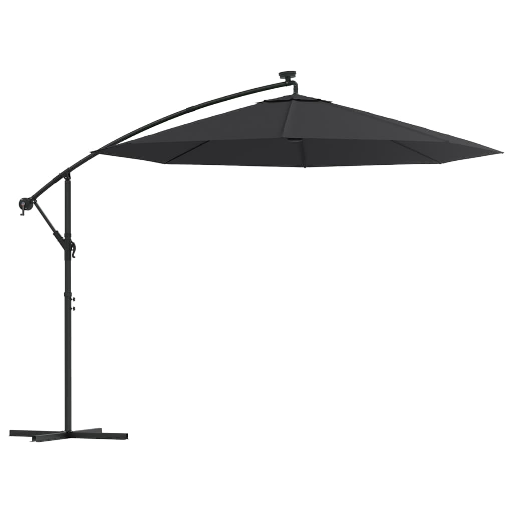 Vidaxl schwëmmt Paragolsol mat LED a Stol Pole 300 cm schwaarz