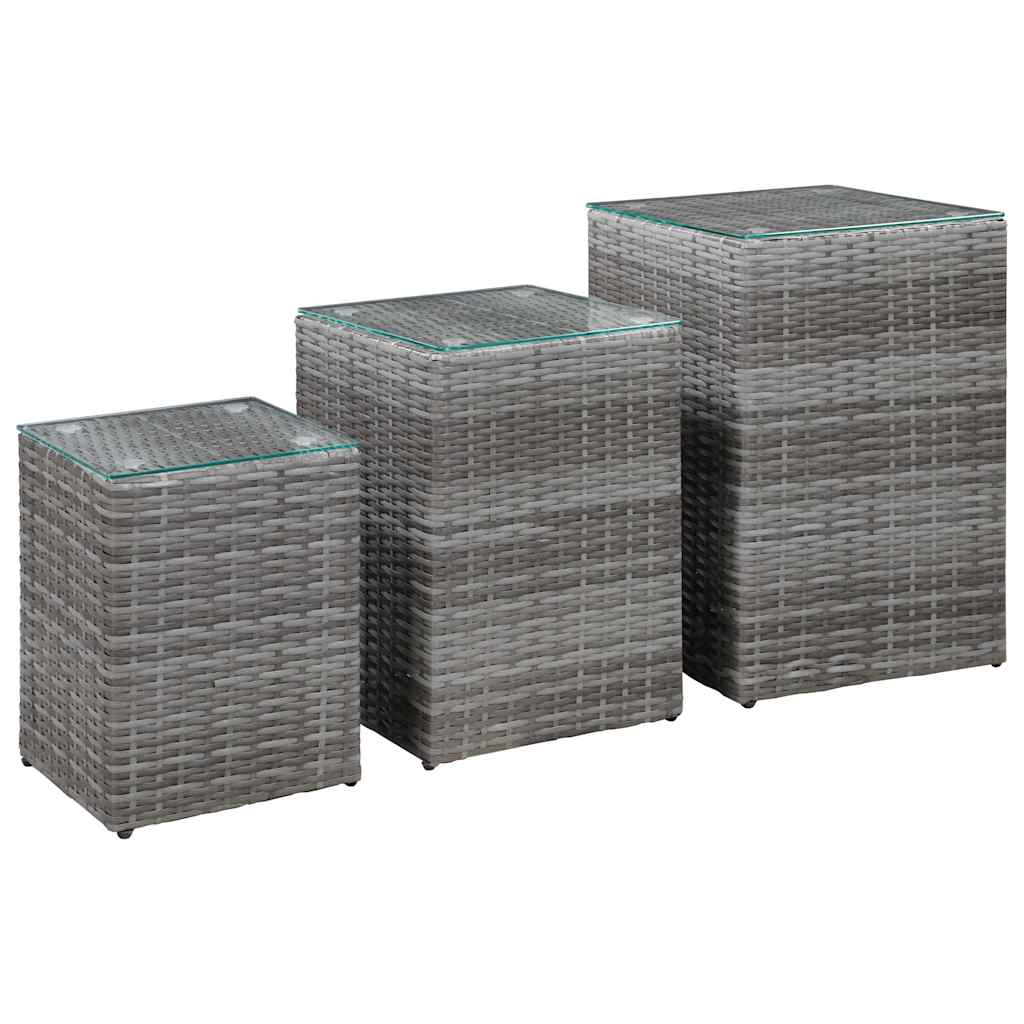 Vidaxl 3-delige bijzettafelset met glazen blad poly rattan grijs