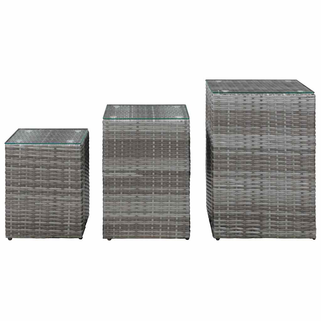 Vidaxl 3-delige bijzettafelset met glazen blad poly rattan grijs
