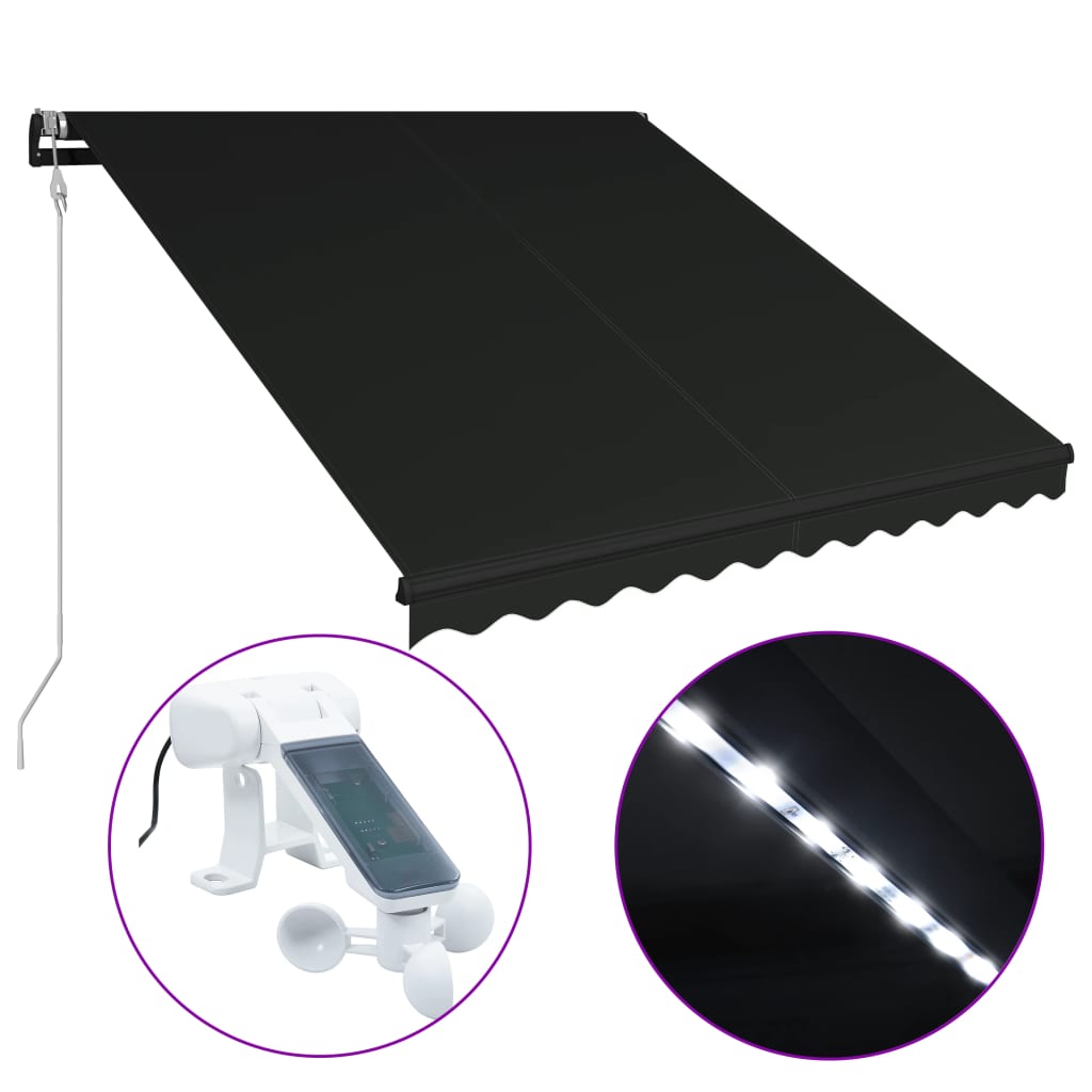 Vidaxl Luifel extensible avec le capteur de vent et LED 300x250 cm anthracite