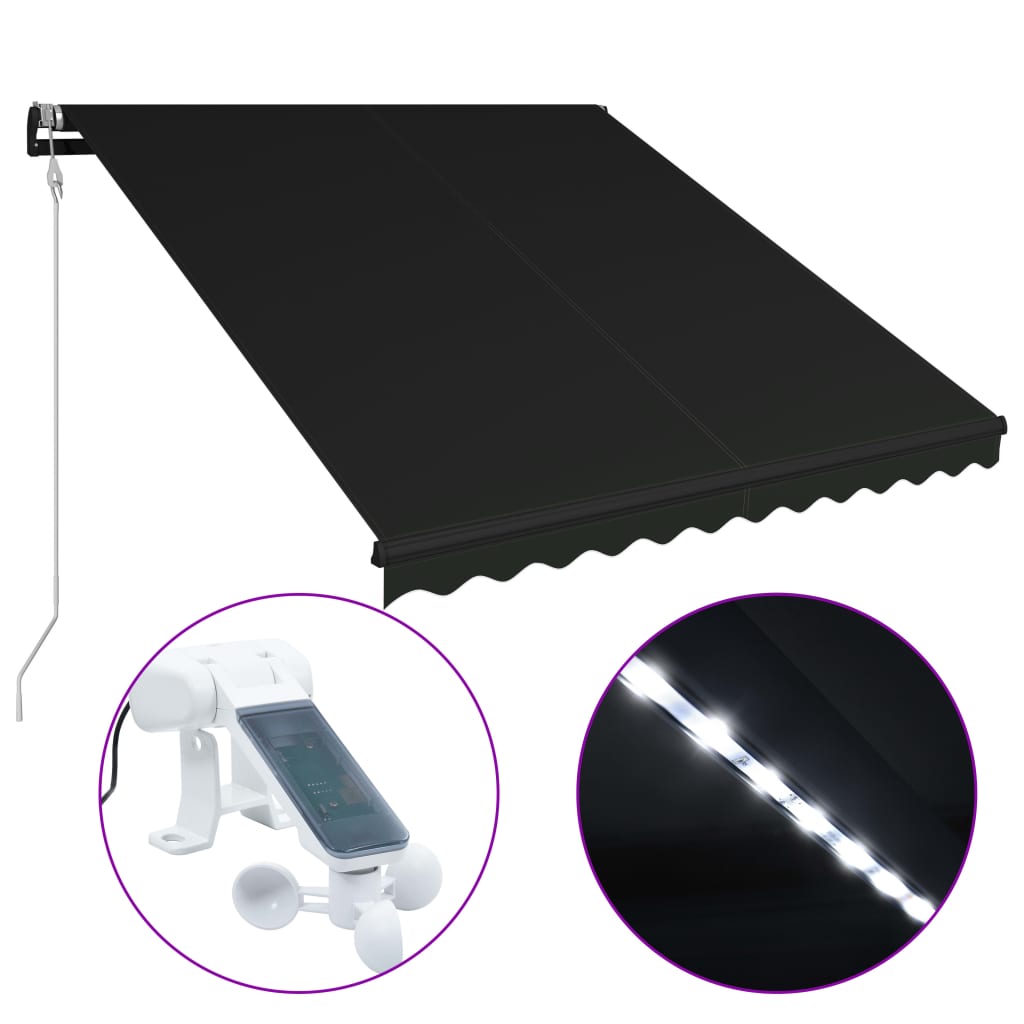 Vidaxl Luifel extensible avec le capteur de vent et LED 350x250 cm anthracite