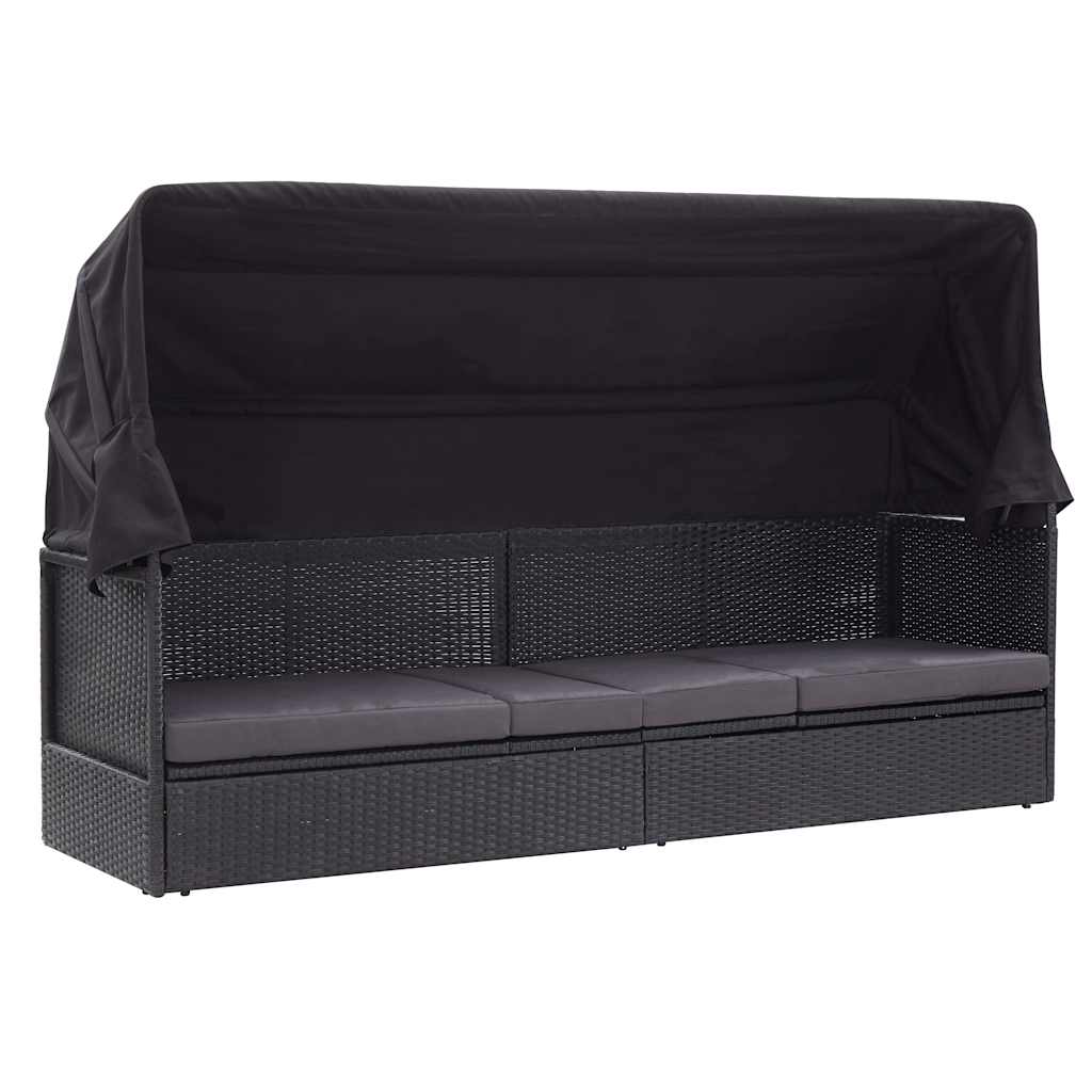 Vidaxl loungebank met luifel poly rattan zwart