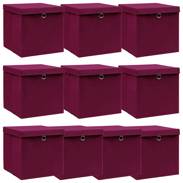 Vidaxl opbergboxen met deksel 10 st 32x32x32 cm stof donkerrood