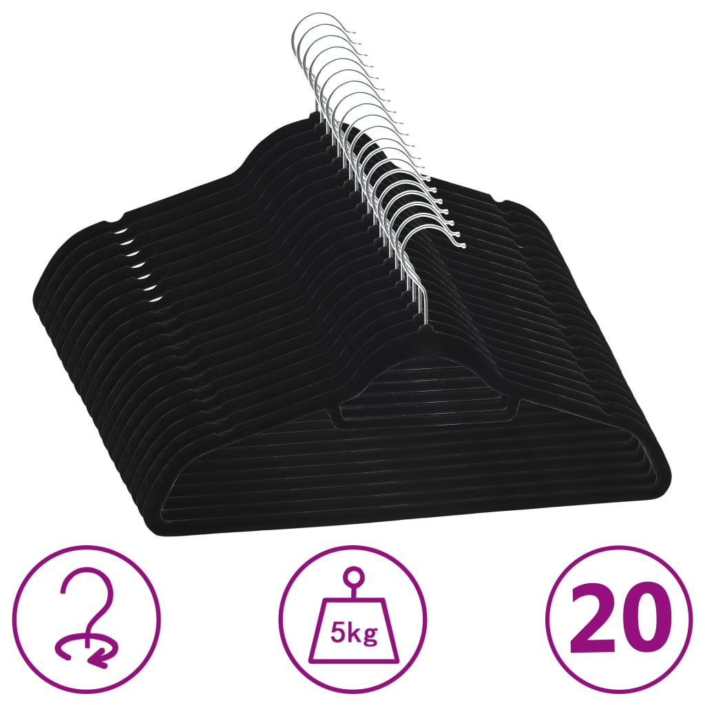 Vidaxl de 20 piezas colgador de ropa Anti-slip terciopelo negro