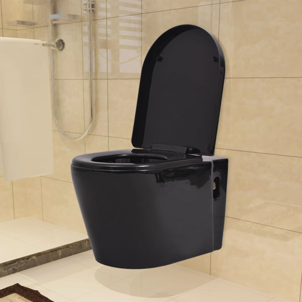 Vidaxl Toilet suspendu avec citerne cachée noire en céramique