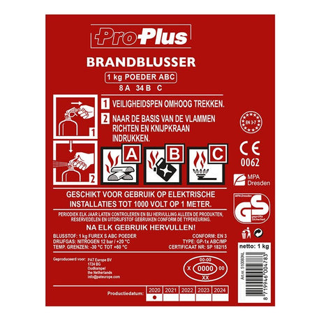 Proplus brandblusser 1kg abc poeder nl + manometer vorstbestendig universeel inzetbaar