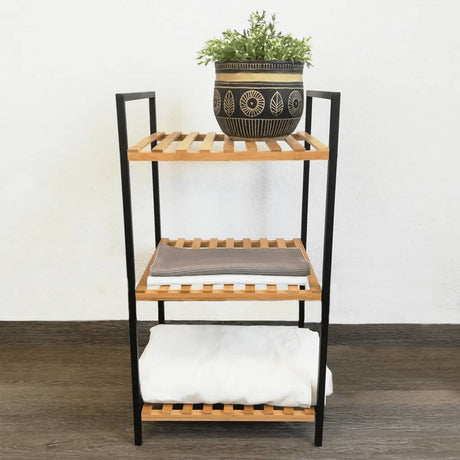 Excellent houseware handdoekenrek 3 etages 38x32x70 cm bamboe metaal zwart
