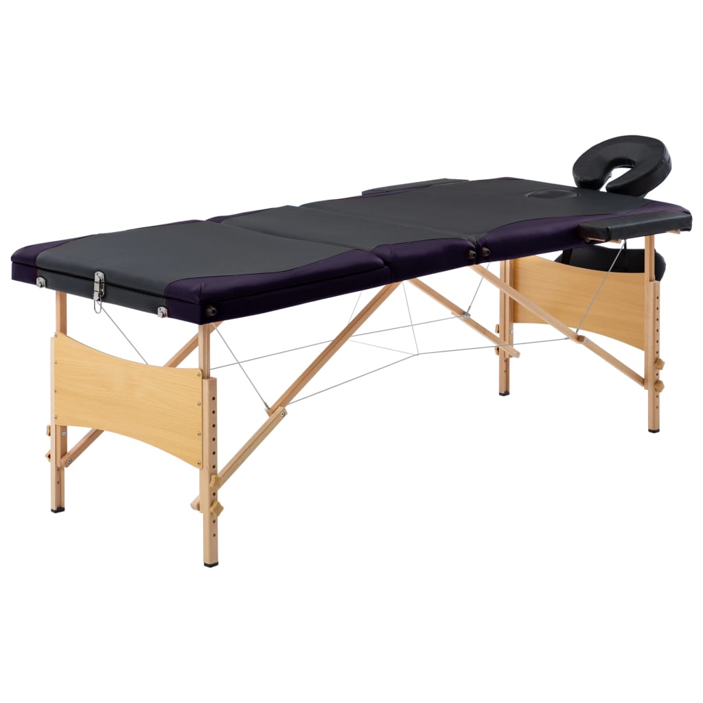 Vidaxl Massage table Collapsible 3 Zones Wood Black and Purple