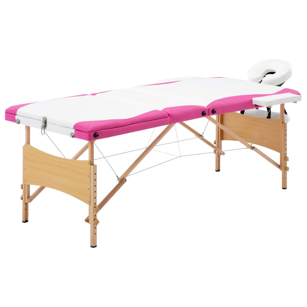 VidaXL Massage table Collapsible 3 Zones Wood White And Pink