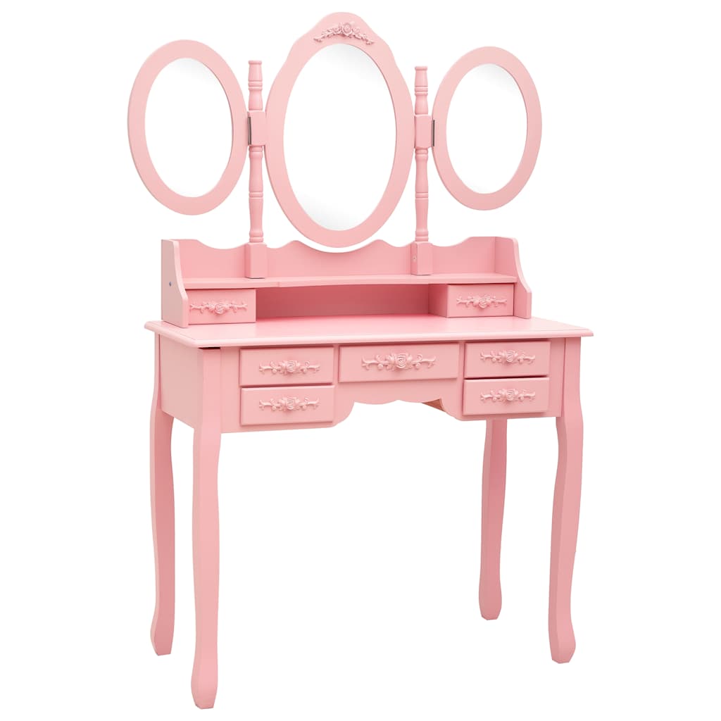 Vidaxl kaptafel met kruk en drievoudige spiegel roze