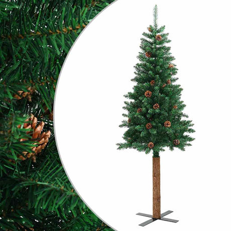 Vidaxl kerstboom met echt hout en dennenappels smal 150 cm pvc groen