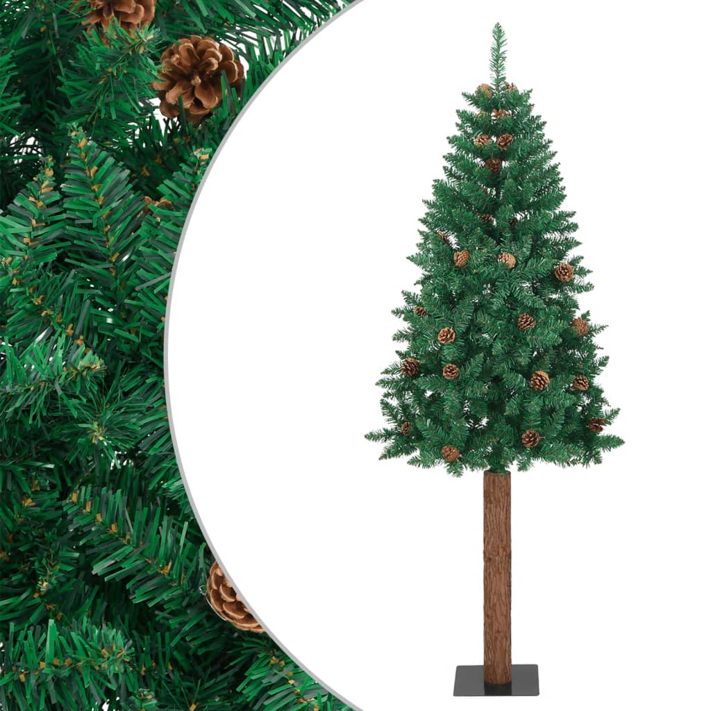 Vidaxl Weihnachtsbaum mit echten Holz- und Kiefernkegeln schmal 150 cm PVC Grün