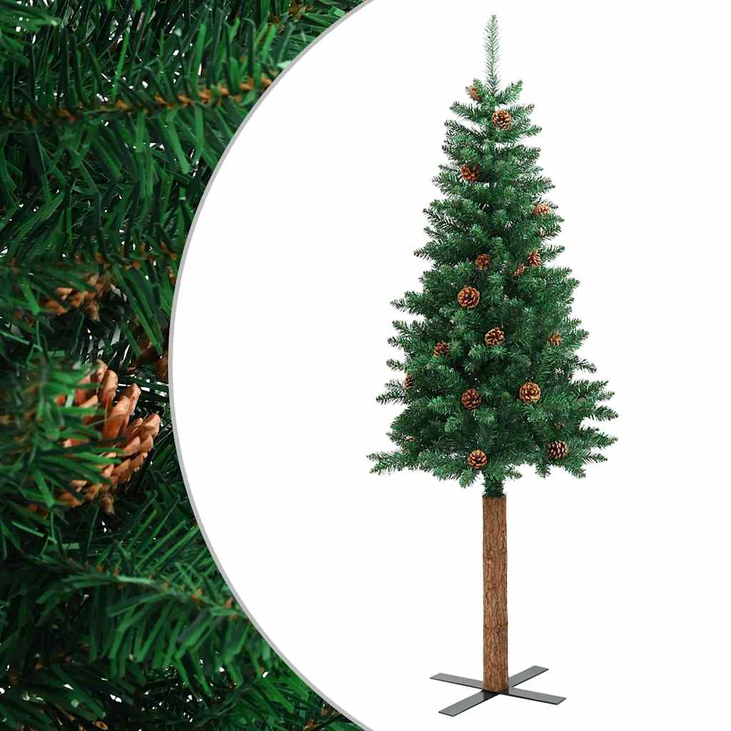 Vidaxl kerstboom met echt hout en dennenappels smal 180 cm pvc groen