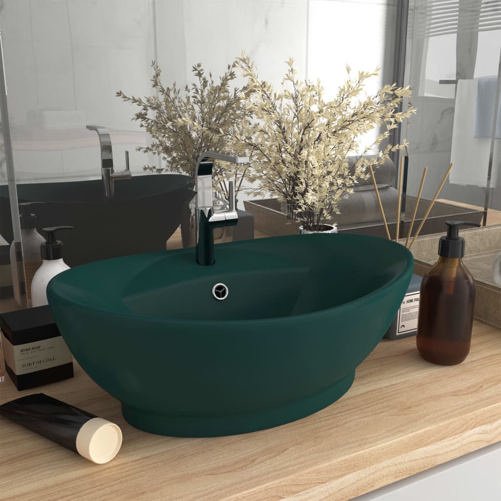 Vidaxl Washbasin z pristaniščem oval 58,5x39 cm keramika matt temno zelena