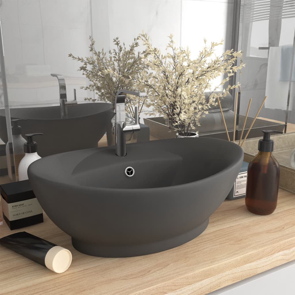 Vidaxl Washbasin con aterrizaje ovalado 58.5x39 cm Cerámico Matt gris oscuro