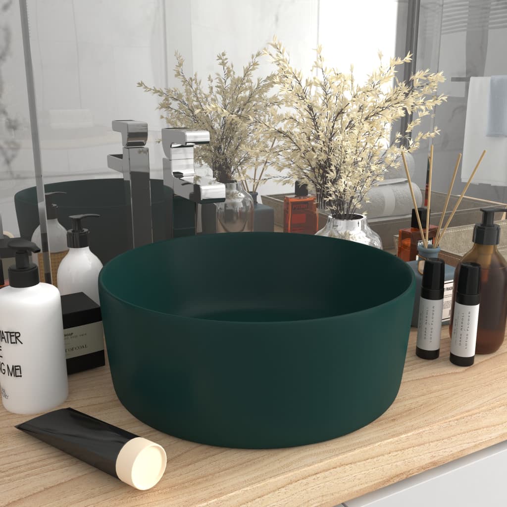 VidaXL Washbasin Round 40x15 cm Ceramic Mat Dark Green