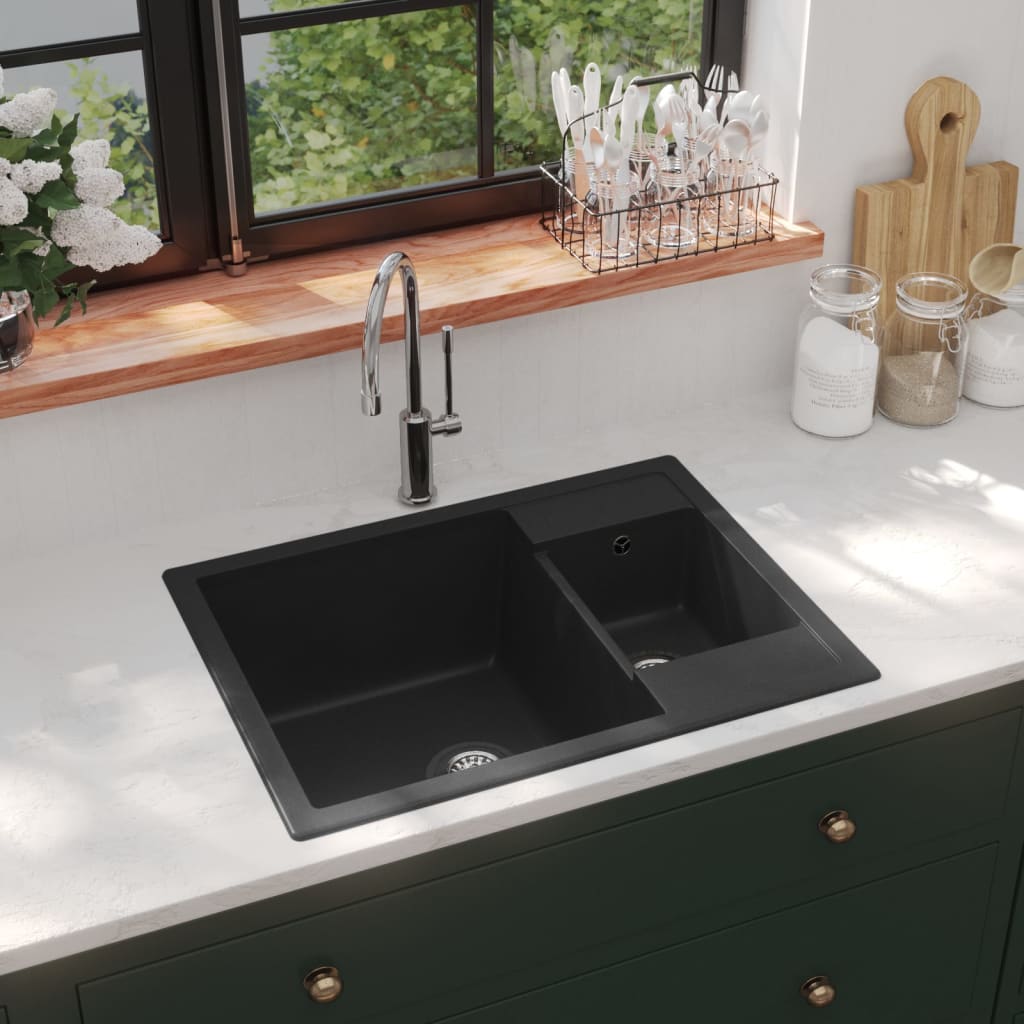 Vidaxl Sink Double Bins Med Overflow Hole Granite Black