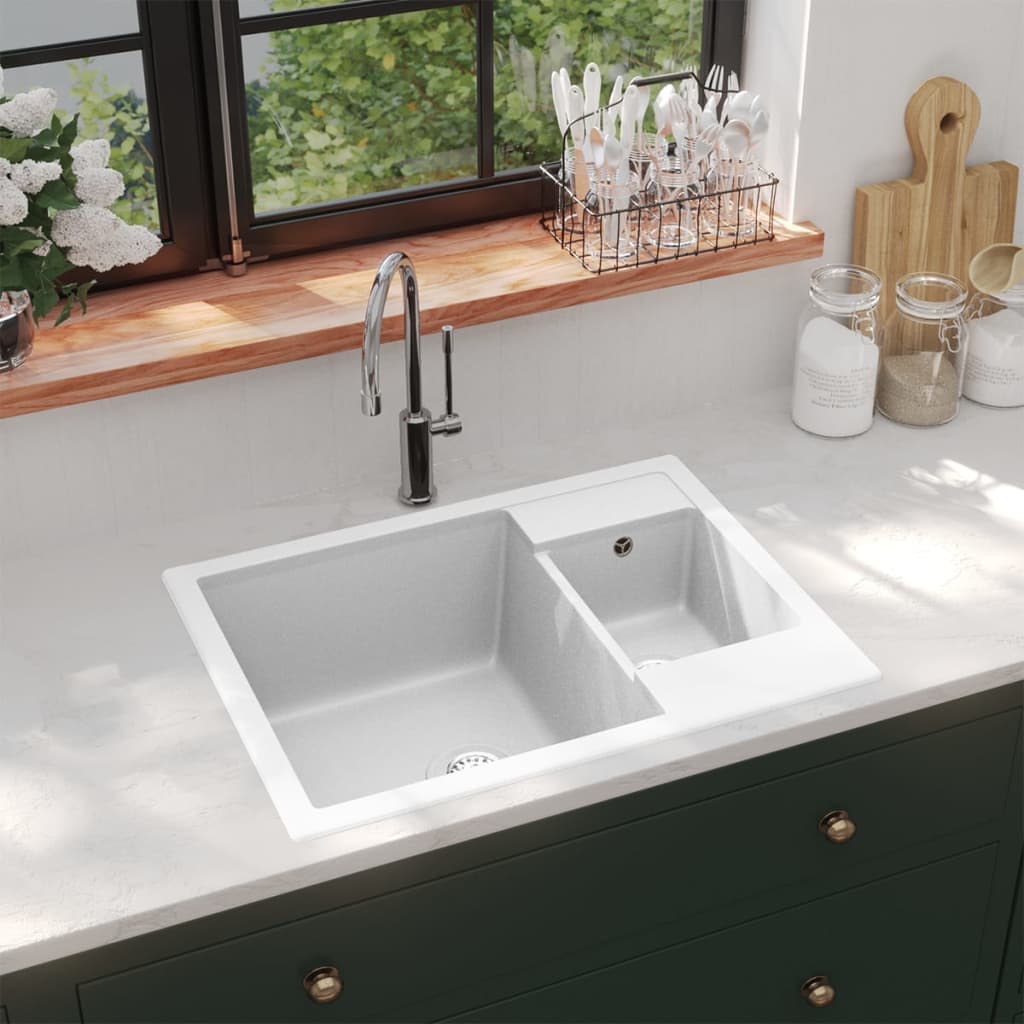 Vidaxl Sink Double Bins Med Overflow Hole Granite White